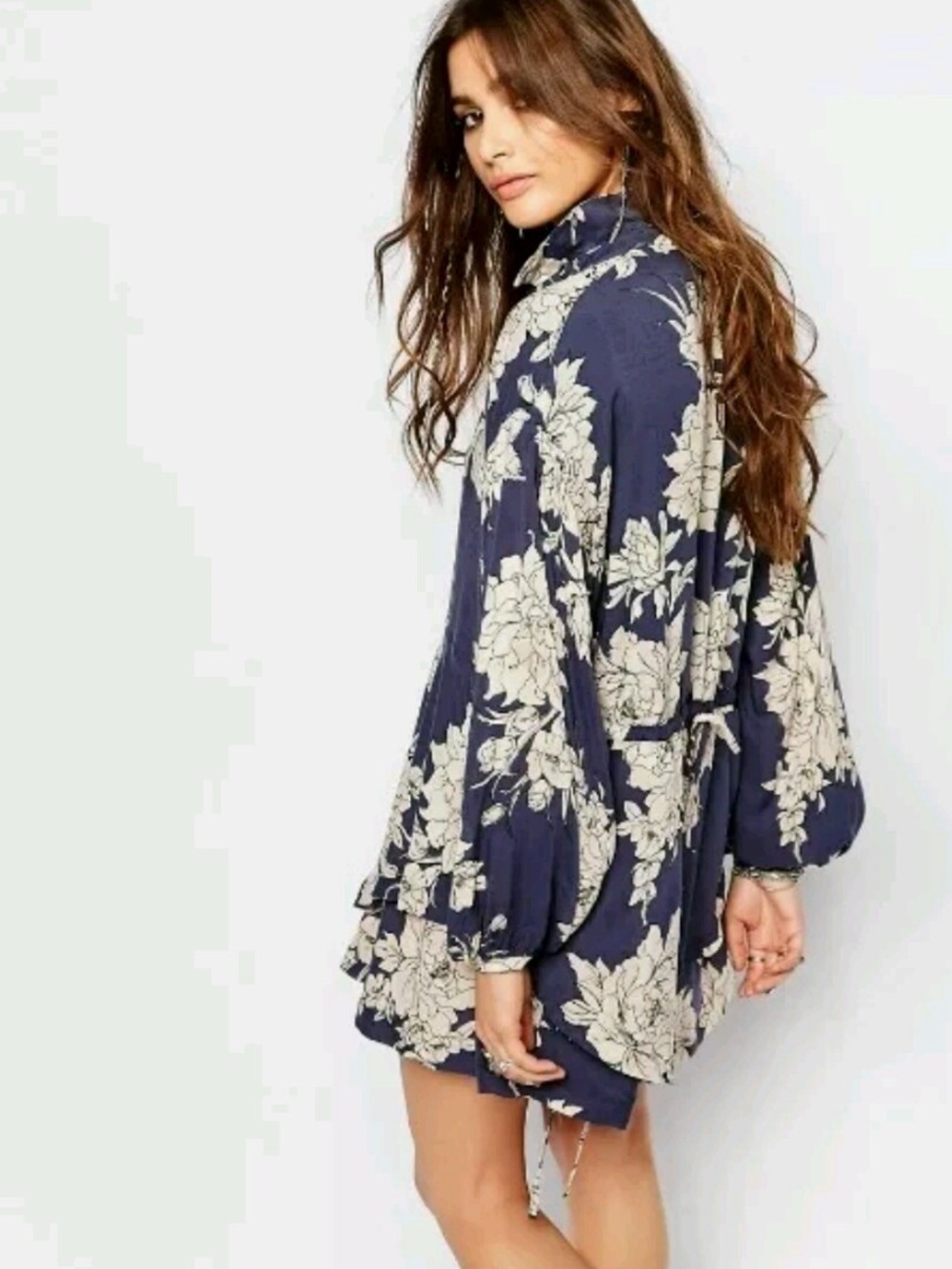 Free People Shake It Floral Tunic Mini Dress Blue Large